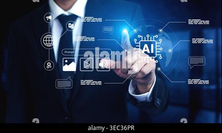 A businessman interacts with a futuristic touchscreen displaying AI elements, symbolizing digital innovation and technology trends in a modern Stock Photo