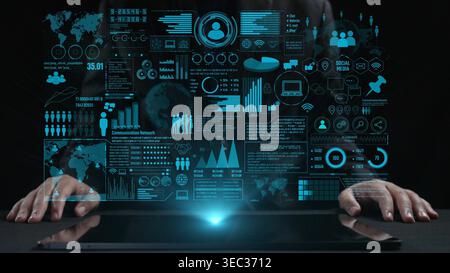 A creative depiction of data visualization displaying graphs and communication metrics on a digital interface, showcasing technology's role in modern Stock Photo