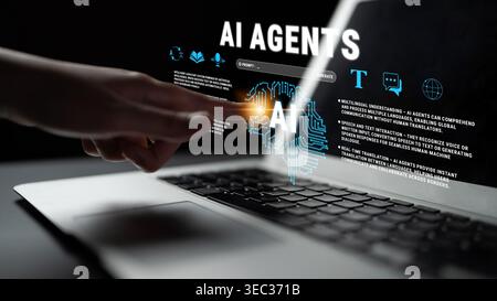 Hand Interacting with Laptop Screen Displaying Artificial Intelligence and Technology Concept for Business and Innovation Quark. Stock Photo