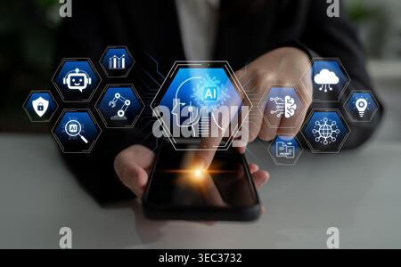 Artificial intelligence use case concept linking analytics, security, cloud services and operations for modern organizations. Corpus Stock Photo