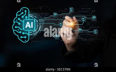Artificial intelligence using AI neural processing and circuit to transform AI data into actionable output by smart automated AI reasoning science Stock Photo