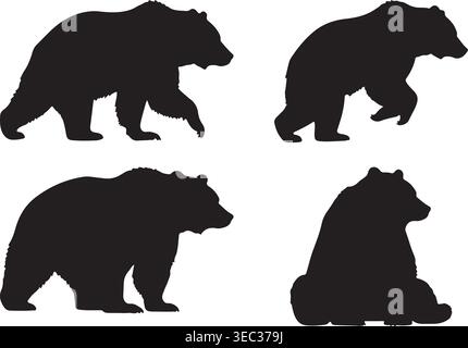Bear Silhouette Vector Set with Walking and Sitting Poses Stock Vector
