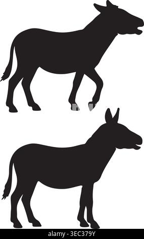 Donkey Silhouette Set with Walking and Standing Poses Stock Vector