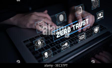 Hands Typing on Laptop with Digital Zero Trust Security Concept Illustrating Cybersecurity Measures and Authentication Methods Fluxor. Stock Photo