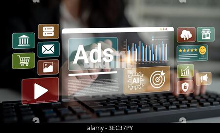 Explore the intersection of digital marketing and technology with visuals of ads and analytics, showcasing tools that drive business growth and Stock Photo