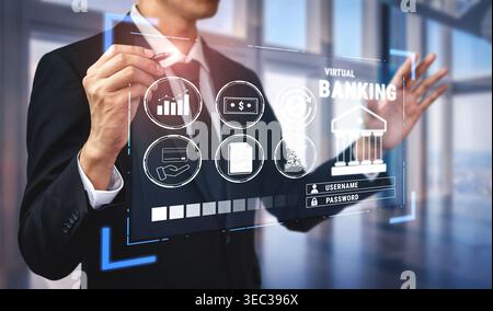 Professional Man Interacting with Virtual Banking Interface Displaying Graphs, Currency Symbols, and Secure Login Elements in Modern Office Stock Photo