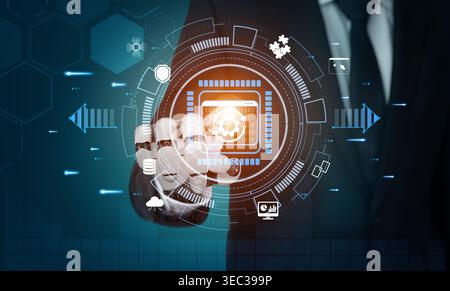 Businessman Interacting with Futuristic Digital Interface Displaying Data Processing Concepts and Technology Innovations for Future Development Quark. Stock Photo