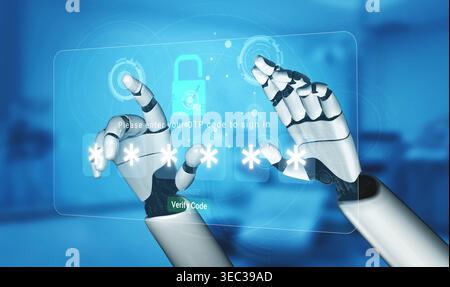 Futuristic Robot Hand Interacting with Digital Interface for OTP Code Verification in Virtual Space Sigmoid Stock Photo