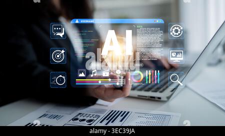 Innovative AI Technology Concepts with Data Visualization and Analysis in Modern Workspace Environment Using Laptop and Creative Graphics Quark. Stock Photo