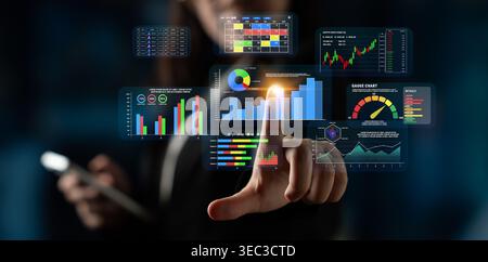 Modern Business Analytics Dashboard with Touchscreen Interaction and Colorful Graphs Displaying Data and Statistics in a Corporate Setting Quark. Stock Photo