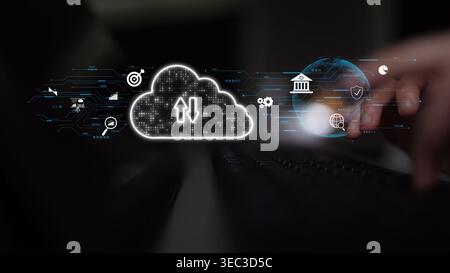 Cloud computing, cloud strategy, and cloud technology transforming digital infrastructure with scalable services, secure data storage, and cloud-based Stock Photo