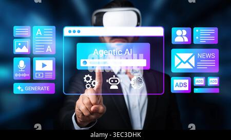 Futuristic Virtual Reality Experience with Professional in Business Suit Interacting with AI Interface in 3D Environment Gluon. Stock Photo