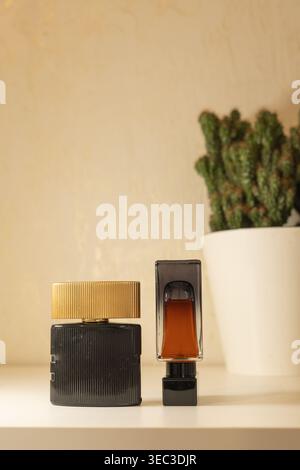 Two bottles of men's perfume on a shelf next to a potted cactus. Stock Photo