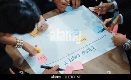 Close up of professional business team hands writing and putting sticky note on scrum task board. Top view of project manager write task and use Stock Photo