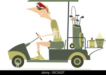 Young man on the golf cart car goes to play golf. Smiling man going to play golf in the golf cart. On white background Stock Vector
