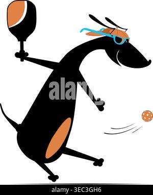 Cute dog playing pickleball. Cartoon dachshund plays pickleball. Isolated on white background Stock Vector