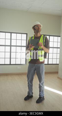 Man architect in hard hat and reflective vest holding a tablet and inspecting the ceiling in a building; focused assessment. Stock Photo