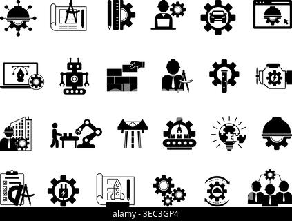 Black Engineering Icon Set. Vector Illustrations Engineer, Construction, Drawing, Manufacturing, Mechanical Engineering, Design, Robotics, IT Engineer Stock Vector