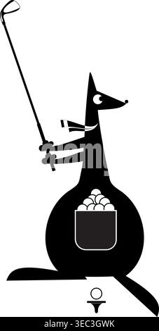 Cartoon kangaroo plays golf. Funny kangaroo tries to do a good shot. Black and white illustration Stock Vector