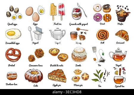 Vector food icons. Colored sketch of food products. Baking, sweets, eggs Stock Vector