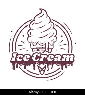 Ice cream logo badge with dripping text, vintage dessert label in outline vector style. Stock Vector