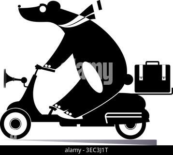 Cute bear rides on the scooter. Cartoon bear rides on the motorbike. Black and white illustration Stock Vector