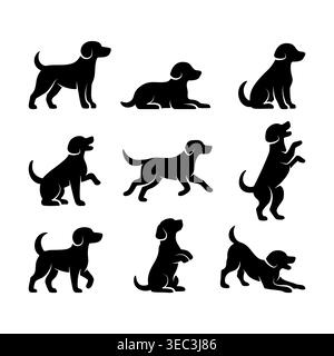 Dog silhouette icon set, behavior poses collection in solid vector style. Stock Vector