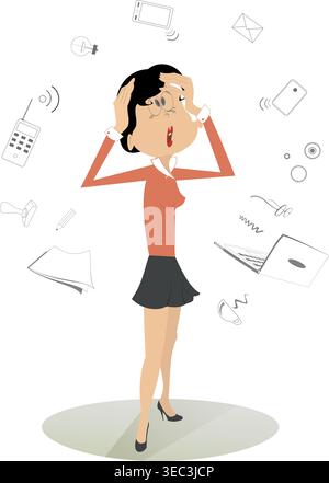 Set objects for business woman. Concept. Confused woman surrounded with a lot of different objects. Office accessories Stock Vector