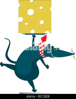Cute rat or mouse holding a piece of cheese. Cartoon rat or mouse with a big slice of cheese Stock Vector
