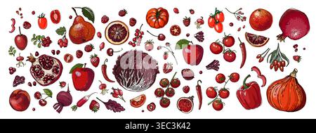 Food vector Red Colored vegetables and fruits on a white background. Tomato, pumpkin, dragon fruit, pomegranate, pepper, paprika, berries Stock Vector