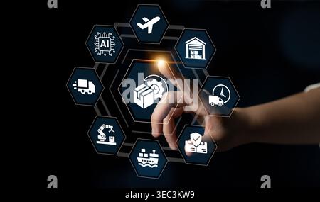 A hand interacting with digital icons showcasing supply chain management, logistics, and automation, emphasizing the integration of technology in Stock Photo
