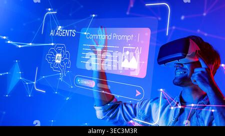 Futuristic man using virtual reality headset while interacting with AI technology and digital interface in a vibrant blue background Gluon. Stock Photo