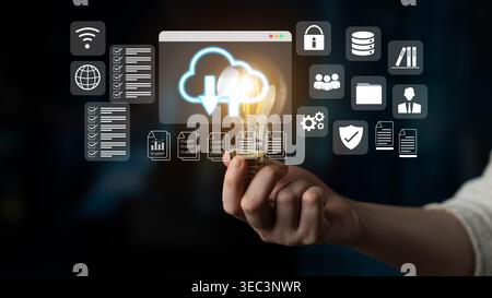 Cloud upload and download icon with surrounding data management, security, and analytics icons in digital interface Parse Stock Photo