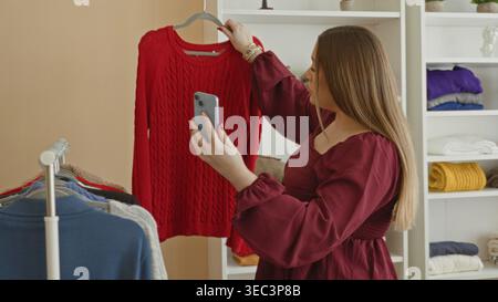 Woman holding smartphone and red sweater on hanger in studio closet with folded shelves and mirror reflection; thoughtful decision. Stock Photo