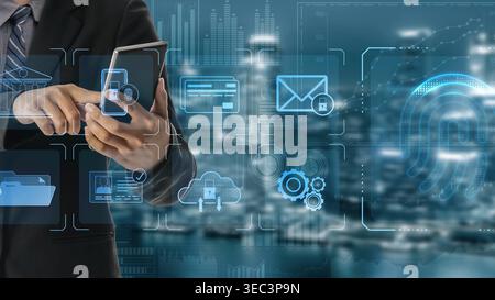 System for safeguarding digital identity using fingerprint authentication, encryption, and secure access protocols across cloud, device, and personal Stock Photo