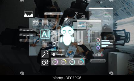 Group of Business Professionals Using AI Technology for Data Analysis and Project Collaboration in Modern Office Environment with Interactive Stock Photo