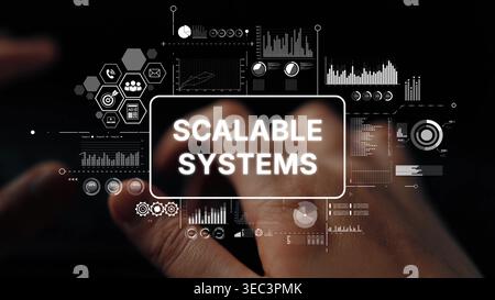 Modern Technology Concept Showing Hand Using Interface with Scalable Systems Text Overlaid and Data Visualization Graphics. Asymptotic smart data Stock Photo