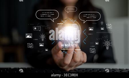 AI agents support prompt workflow, conversation and content generation, turning knowledge into actions with secure automation and measurable Stock Photo