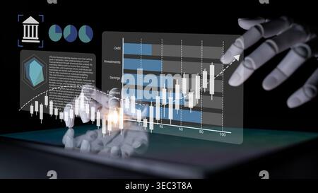 A robotic hand engages with digital financial charts, highlighting trends in investments and savings. The scene symbolizes the intersection of Stock Photo