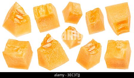 Sweet melon pulp cubes isolated on white background with clipping path Stock Photo