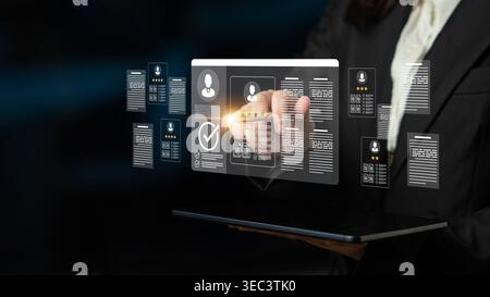 A business professional interacts with an advanced digital interface, highlighting data analytics and user profiles, emphasizing the importance of Stock Photo