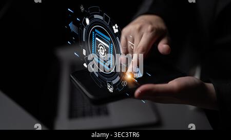 Modern Technology Concept with User Interacting with Smart Device Showing Digital Interface and Data Processing Graphics in a Dark Environment Quark. Stock Photo