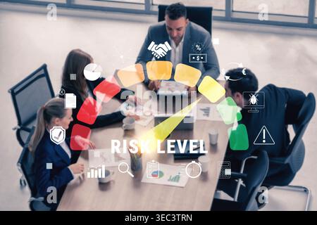 Business Team Discussing Risk Management Strategies in Modern Office with Visual Risk Level Indicator Overlay Quark. Stock Photo