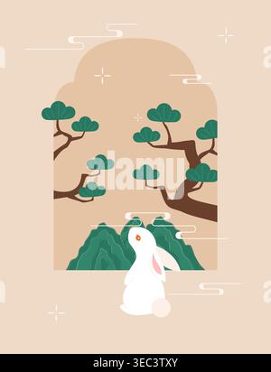 Rabbit and Trees Scene. Vector illustration Stock Vector
