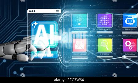 Futuristic Hand of a Robot Interacting with AI Interface and Icons Representing Various Intelligent Technologies and Functions in a Digital Stock Photo