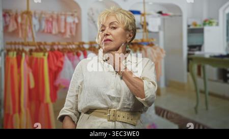 Senior hispanic woman with hand on cheek beside hanging dresses and clothing rack in studio; contemplative. Stock Photo