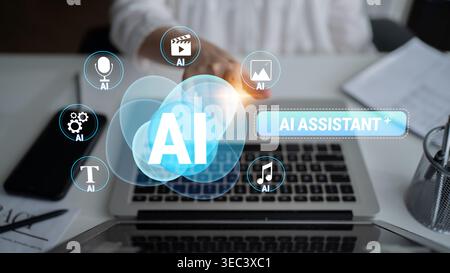 Futuristic Workspace Featuring AI Technology with Visual Elements Representing Multimedia Tools and Digital Communication Quark. Stock Photo
