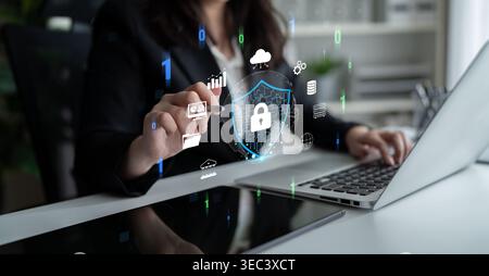 Businesswoman Using Technology to Enhance Cybersecurity with Digital Interface and Data Protection Elements Quark. Stock Photo