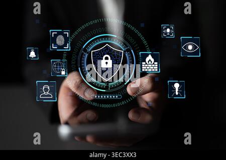 Modern Cybersecurity Concept with Hands Holding Smartphone and Digital Lock Icons Representing Data Protection and Security Measures Quark. Stock Photo