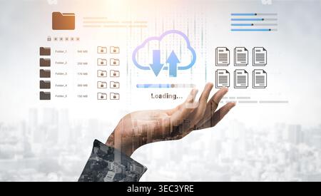 A conceptual image of a hand representing data transfer in cloud computing, showcasing files and management in a modern workspace setting. Ideal for Stock Photo